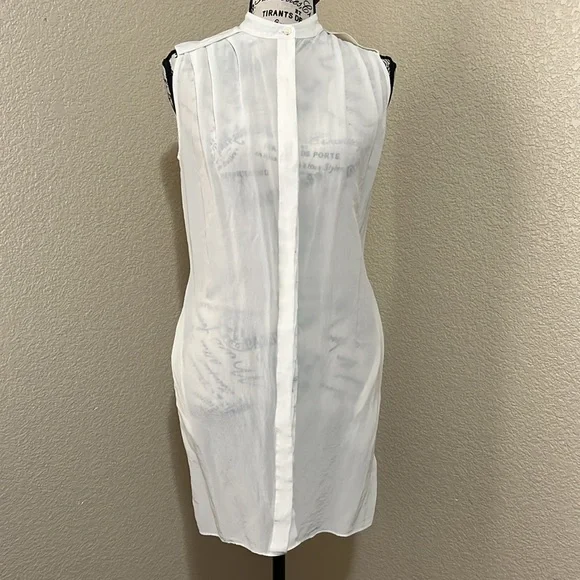 ALL SAINTS Sheer Ivory Silk Sleeveless Button Down Shirt Dress with pockets